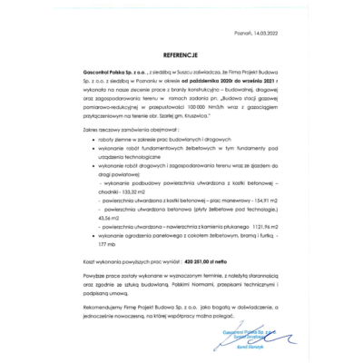 List referencyjny Gascontrol Polska 14.03.2022 - referencje firma konstrukcyjno-budowlana - Projekt Budowa Poznań