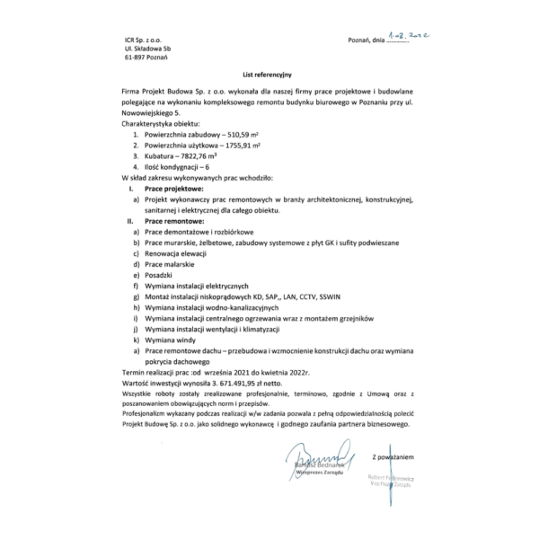 List referencyjny ICR Sp. z o.o. - 01.08.2022 - prace projektowe, prace budowlane, prace remontowe