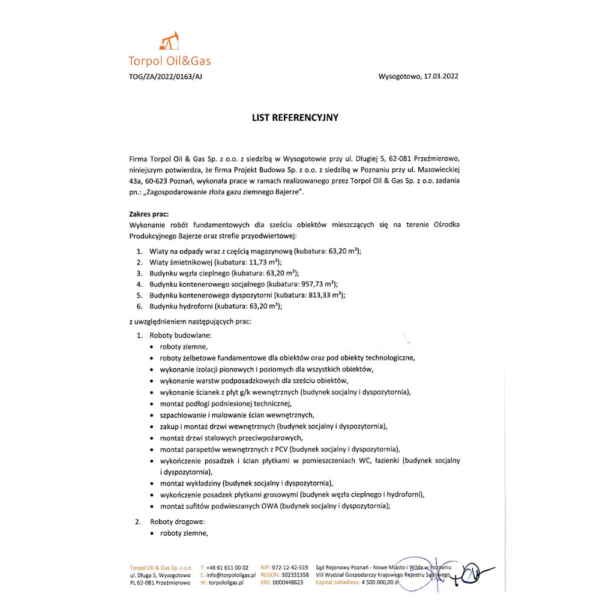 List referencyjny Torpol Oil&Gas 17.03.2022 (Bajerze) - referencje firma budowlana - Projekt Budowa Poznań