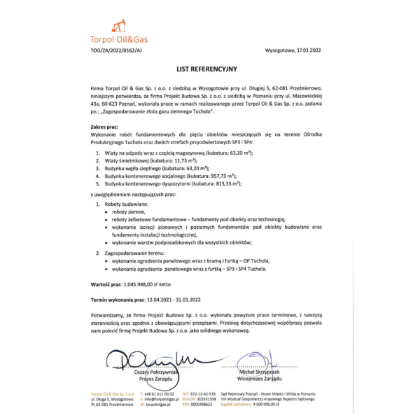List referencyjny Torpol Oil&Gas 17.03.2022 (Tuchola) - referencje roboty fundamentowe, prace ziemne Poznań - Projekt Budowa